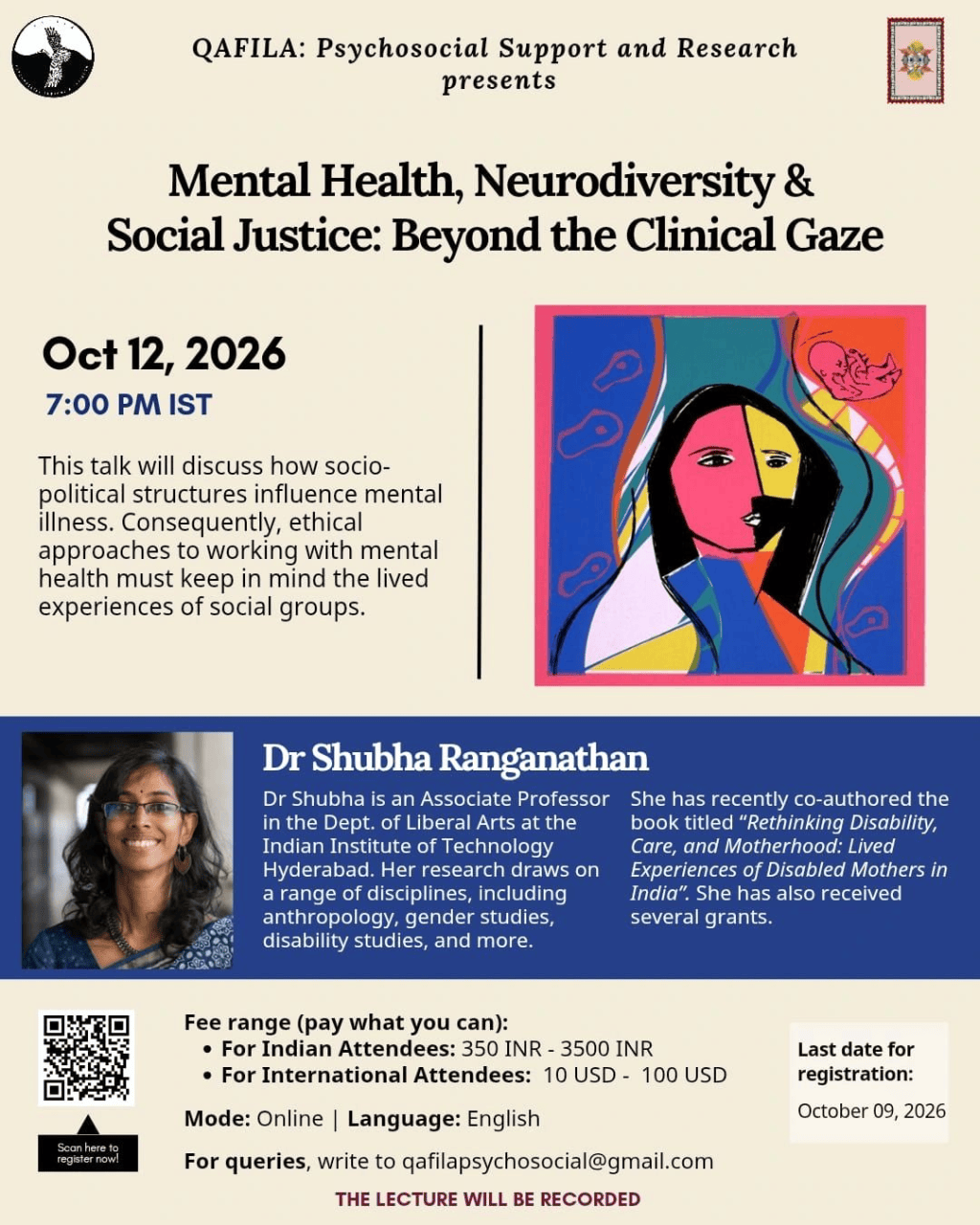 Qafila X Dr Shubha Ranganathan: Mental health, Neurodiversity & Social Justice. Oct 12 online.